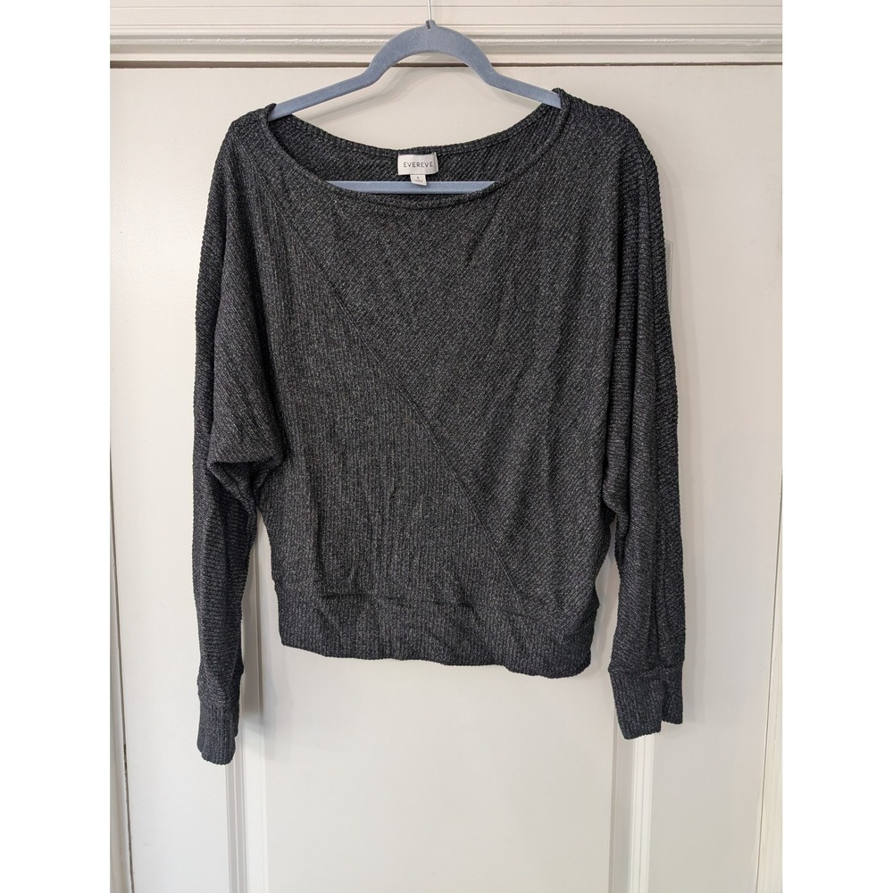 Evereve Womens Small Charcoal Gray Ribbed Surplice Batwing Long Sleeve Knit Top